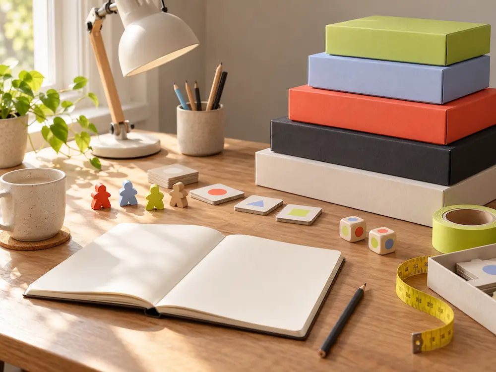 Schreibtisch mit Spielen, Notizen und Verpackungsmaterial