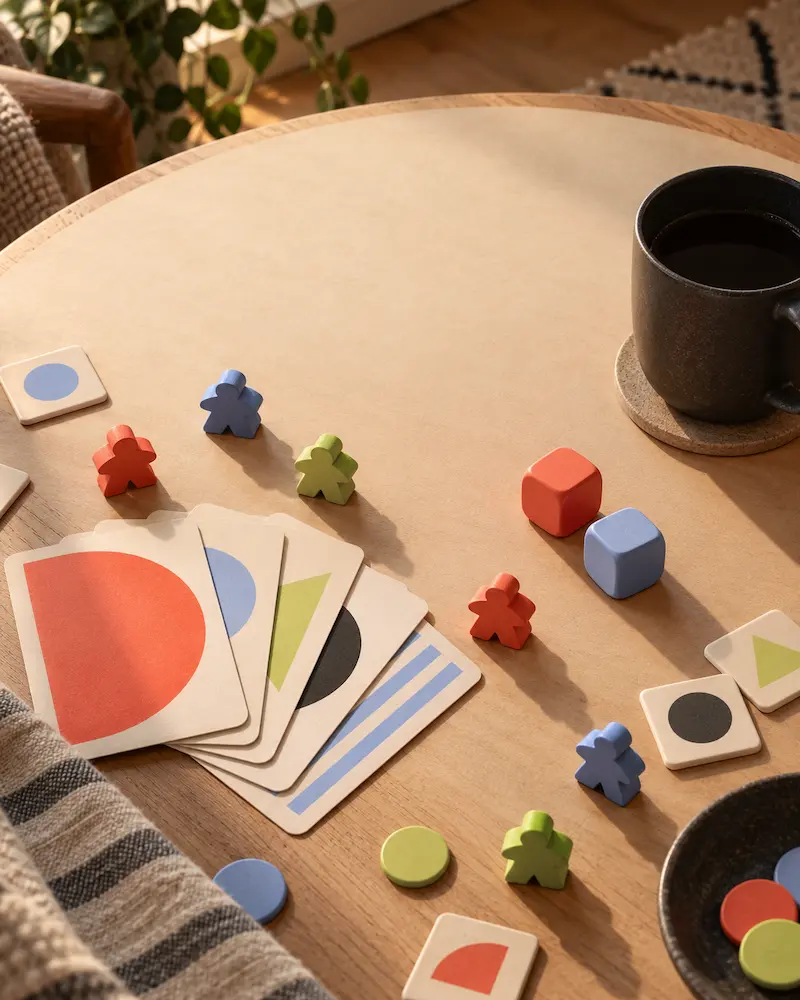 Spielabend: Hände rund um einen Tisch mit Spielmaterial in warmem Licht